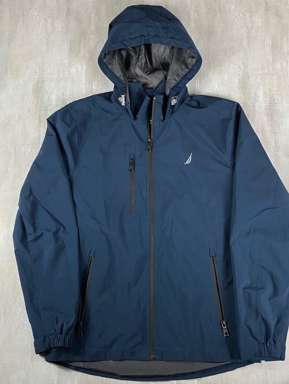 Nautica Softshell Hooded Jacket Mens S Navy Blue Water Wind Resistant Rain Coat